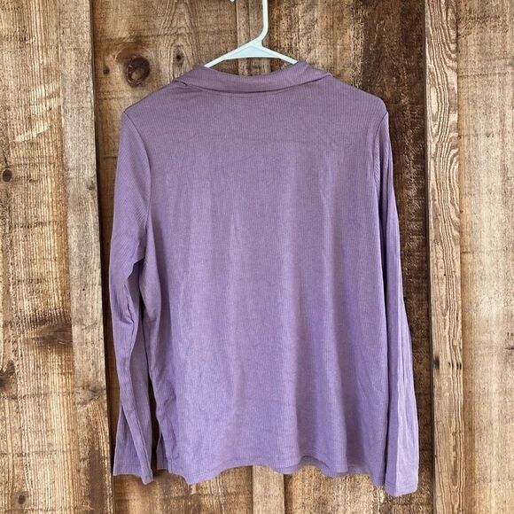 AnyBody Cozy Knit Collared Rib Button Front Long Sleeve Purple Top/Blouse - Picture 4 of 8